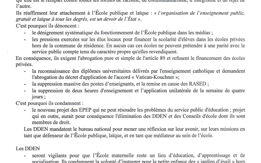 Résolution générale du Congrès de la Fédération des DDEN