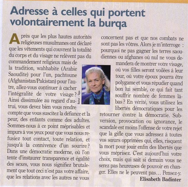 Elizabeth Badinter interpelle les femmes en burqa