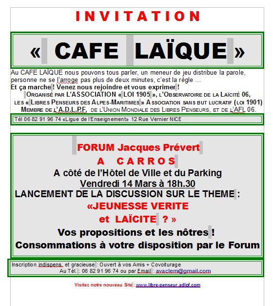 Café laïque à Carros(06) le 14 mars
