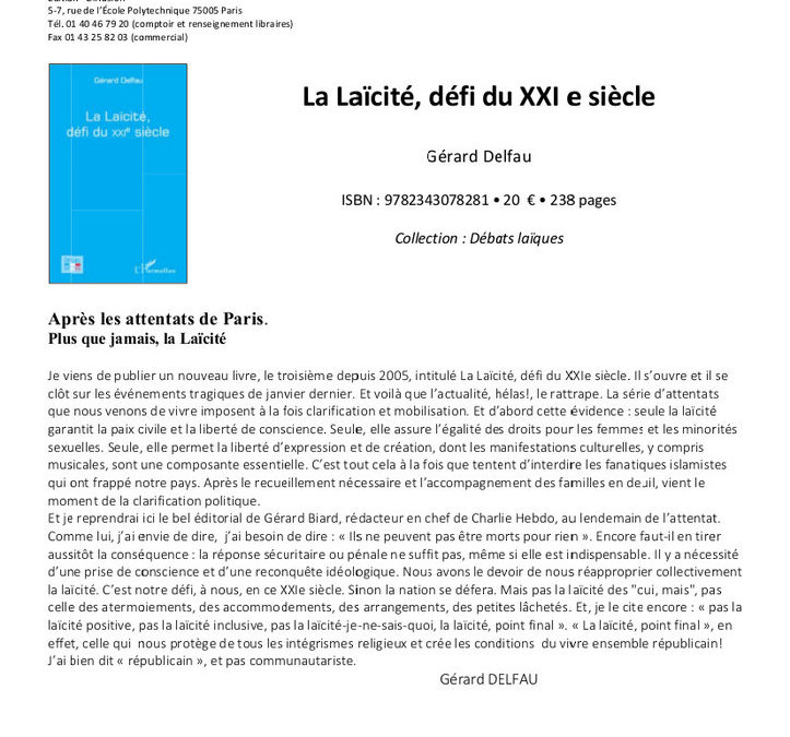 La laïcité, défi du XXIè siècle par Gérard Delfau